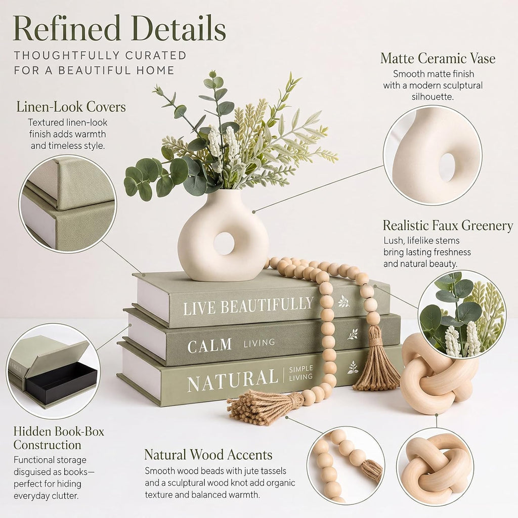Decorative Books Set , Vase, Beads & Faux Greenery, 7 Pack | Complete Aesthetic Decor Set, Green Organic Modern