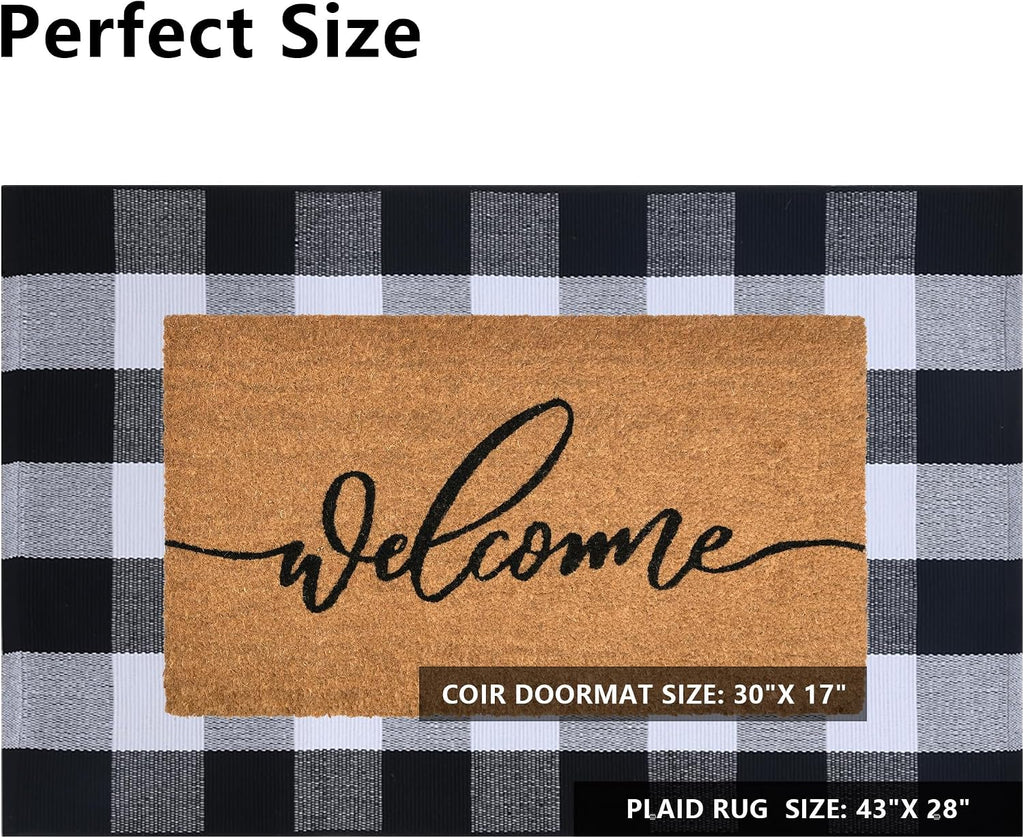 Welcome Front Door Mats Combo Set, 100% Coco Coir Doormat + 28" x 43" Black and White Plaid Rug, Front Porch Entryway