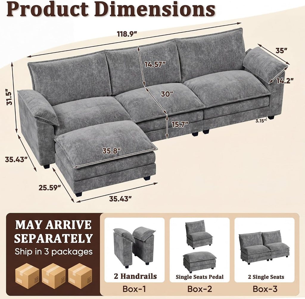 118.9" Modular Sectional Cloud Couch 3-Seat Sofa Set with Movable Ottoman, L Shaped Sofa Couch with Deep Seat