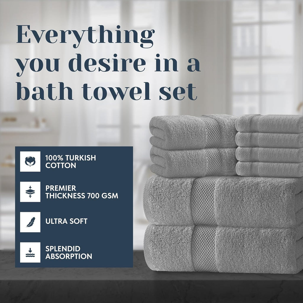 Luxury Bath Towel Set of 8 Pieces - 100% Turkish Cotton Highly Absorbent Towels , 2 Luxury Bath Towels 700GSM, 2 Hand