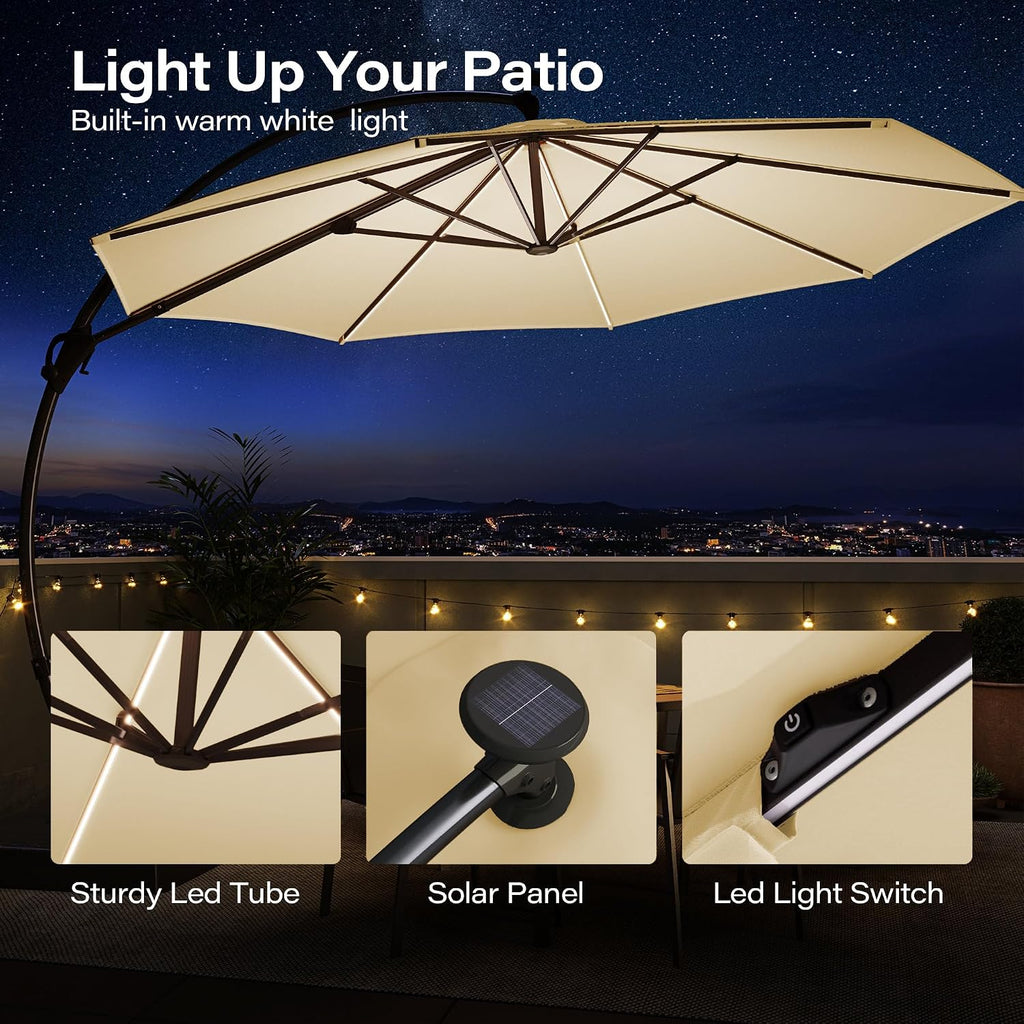 11ft Offset Cantilever Patio Umbrella with Solar Lights, Large Round Outdoor Umbrella with Base Included