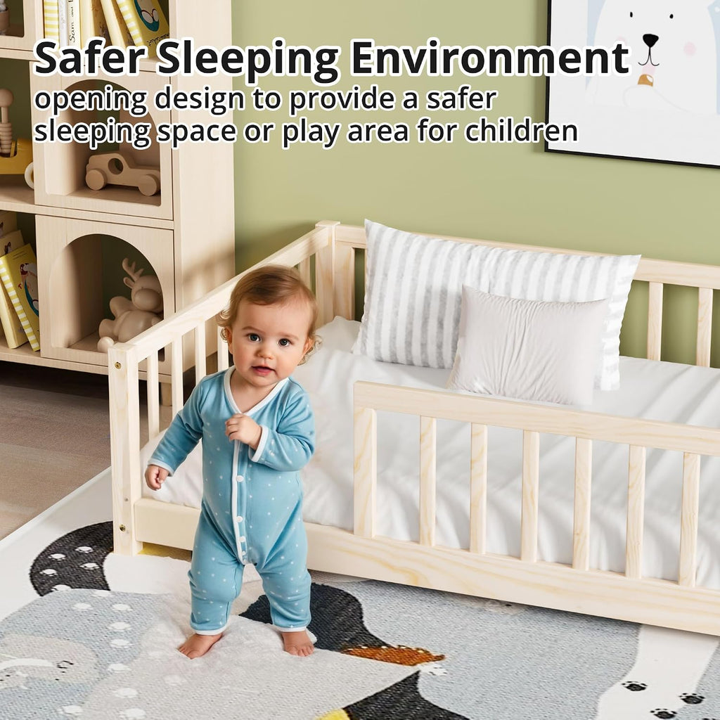 Twin Floor Bed for Kids Solid Wood Montessori Bed Frame with Safety Guardrails Multifunctional Montessori Floor Bed