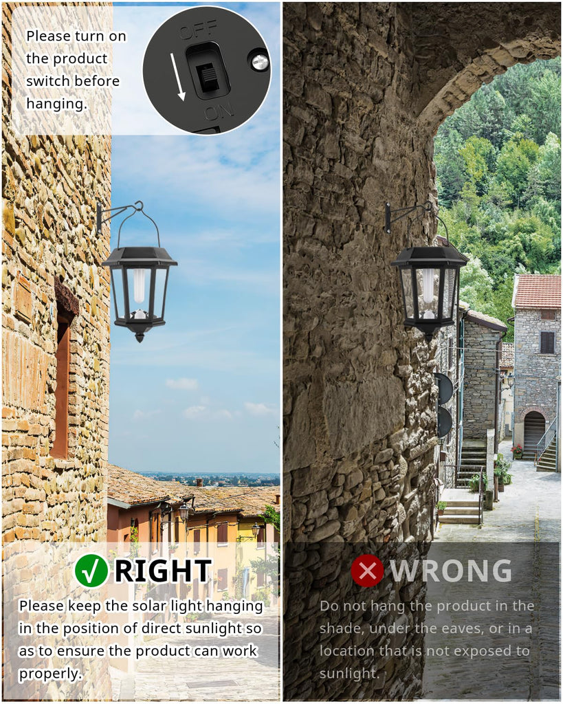 Solar Lanterns Outdoor Waterproof, Hanging Solar Lights with Glass Shade - 2 Pack LED Metal Wall Mount Outdoor Light
