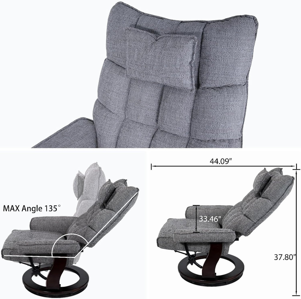 Modern Reclining Swivel Lounge Chair and Ottoman — Grey Chenille