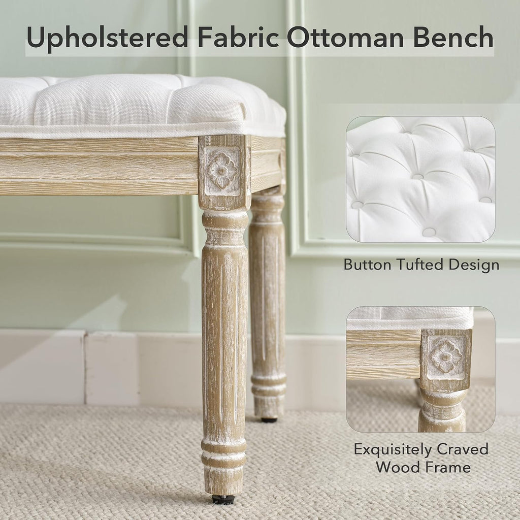 French Vintage Bench, Linen Fabric Entryway Bench, Upholstered Tufted End of Bed Bench with Brushed Wood Legs, White