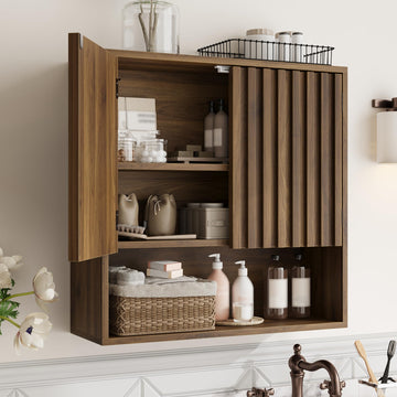 Fluted Bathroom Cabinet Wall Mounted, Wooden Medicine Cabinet with Adjustable Shelf, Walnut Bathroom Cabinet for Bath