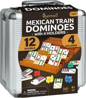 Mexican Train Dominoes Set with 4 Holders - Dominoes Double 12 with Wooden Hub and Tiles Holders - Double 12 Dominos