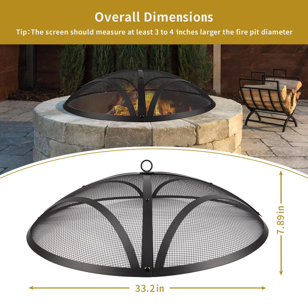 32In Reinforced Steel Round Fire Pit Screen Cover, Handle, Black