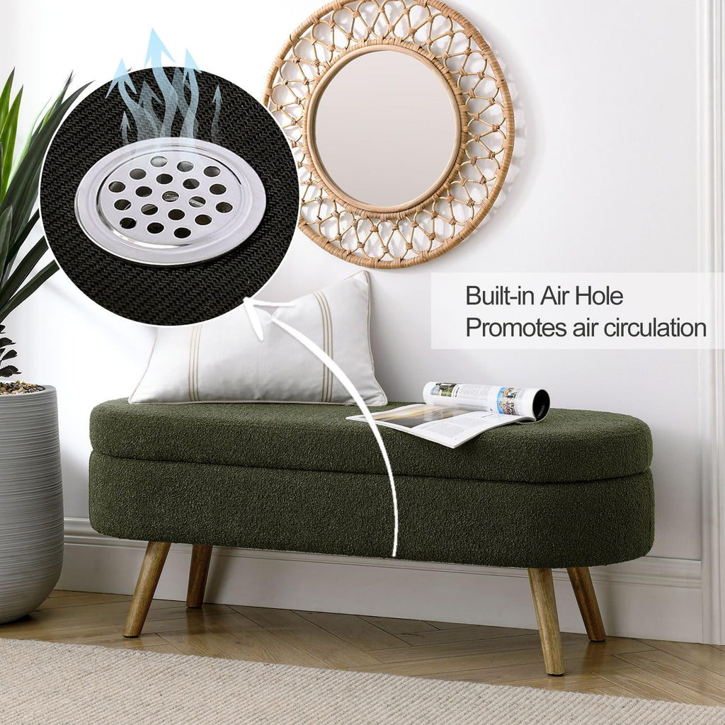 43.5" Fabric Storage Ottoman Bench, Upholstered Boucle Ottoman with Safety Hinge, Entryway Bench with Rubber Wood Legs