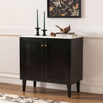 Black Storage Cabinet, Sideboard Buffet Modern Accent Cabinets with Faux Marble Top & Adjustable Shelves, Wooden