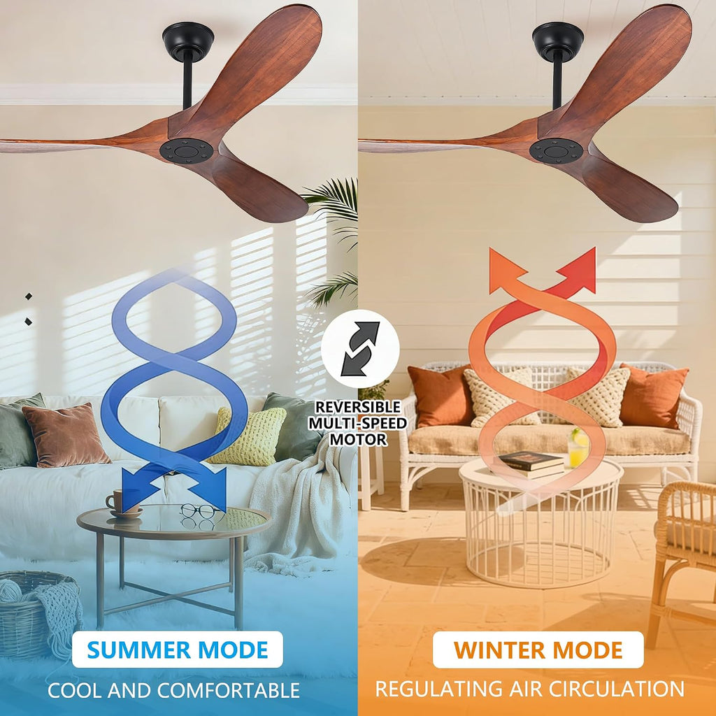 Inspired Maverick Style 60" Ceiling Fans Without Lights, 60 Inch Outdoor Ceiling Fans no Lights, 3 Blade Solid Wood Damp Rated Ceiling Fan with Remote Control for Living Room Gazebo Farmhouse/Patios Porch - Dark Walnut