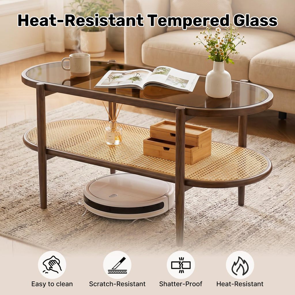 Boho Oval Coffee Table with Storage Shelf, 2-Tier Tempered Glass