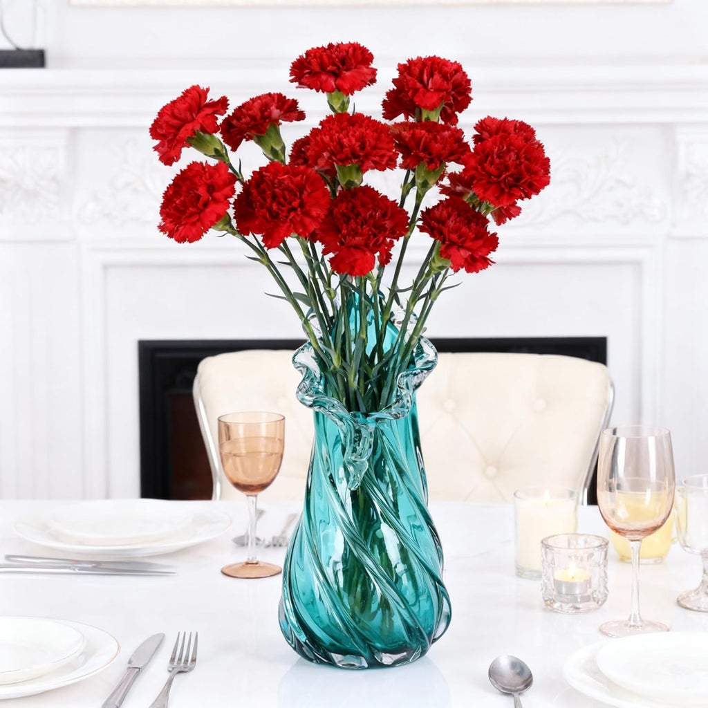 Hand Blown Blue Large Glass Vase Set - Artistic Clear Blue Vase for Coastal & Modern Home Decor, Ocean Wave Vase