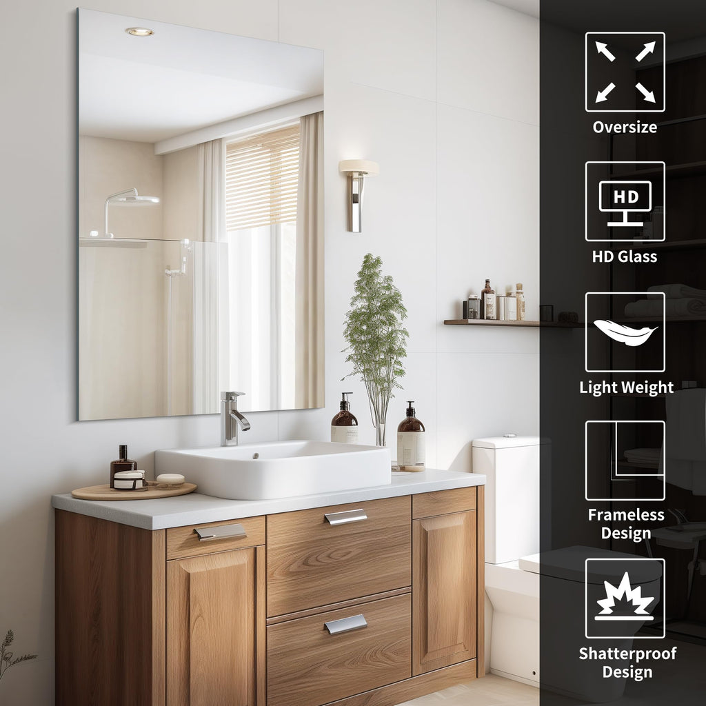 Frameless Mirror, 30x48 Rectangle Bathroom Mirrors for Wall, Large Frameless Vanity Mirror Over Sink with Polished