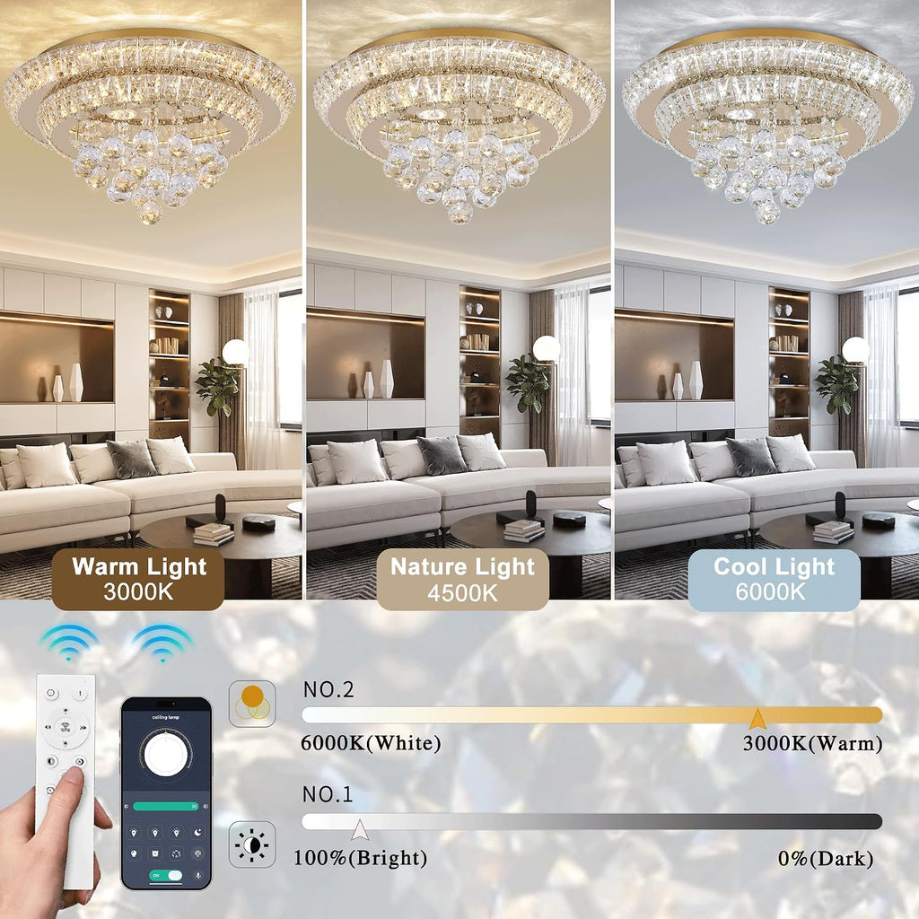 18 inch Crystal Chandeliers With Remote and APP Control, Modern Luxury Flush Mount Gold Ceiling Light, 3CCT Dimmable