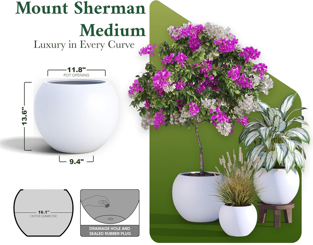 Fiberstone Sphere Planter for Olive Trees, Large Round Globe Planter Indoor Outdoor, White, 70% Lighter Than Stone