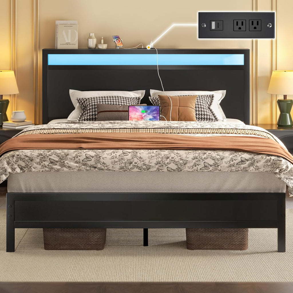 Queen Bed Frame with Headboard & Footboard, Bed Frame with Built-in Charging Station & LED Light, Storage Shelf