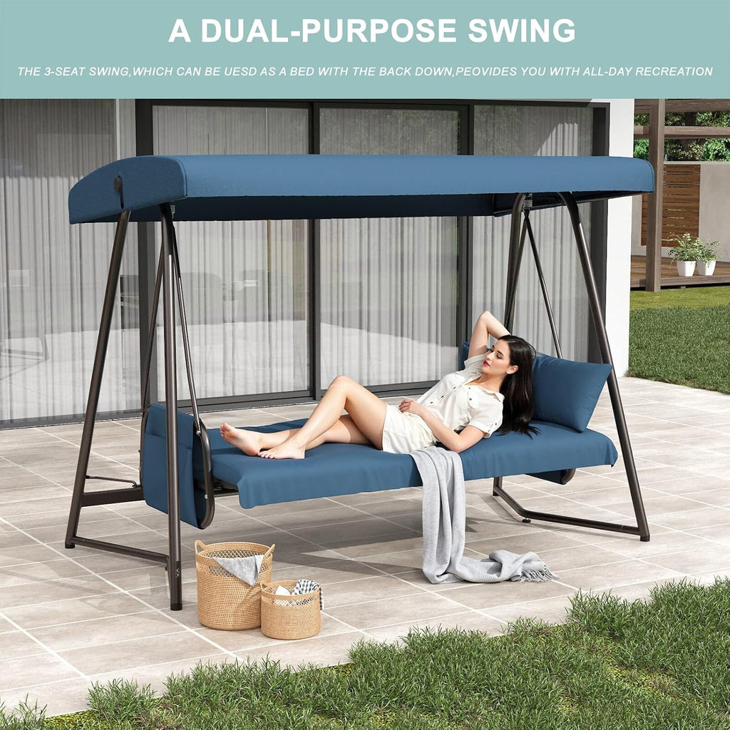 3-4 Seat Oversized Outdoor Porch Swing with Adjustable Backrest Canopy,2-in 1 Swing Bed with Stand 800 lbs