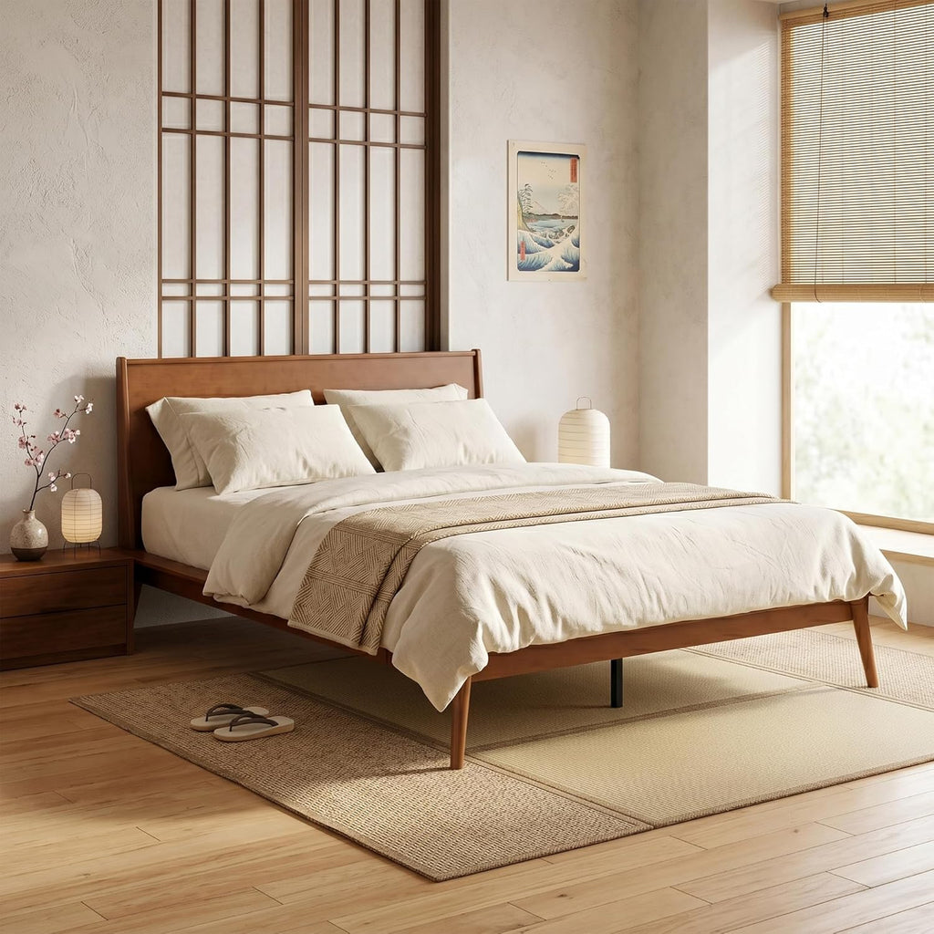 Queen Size Bamboo Platform Bed Frame with Headboard, Walnut Brown