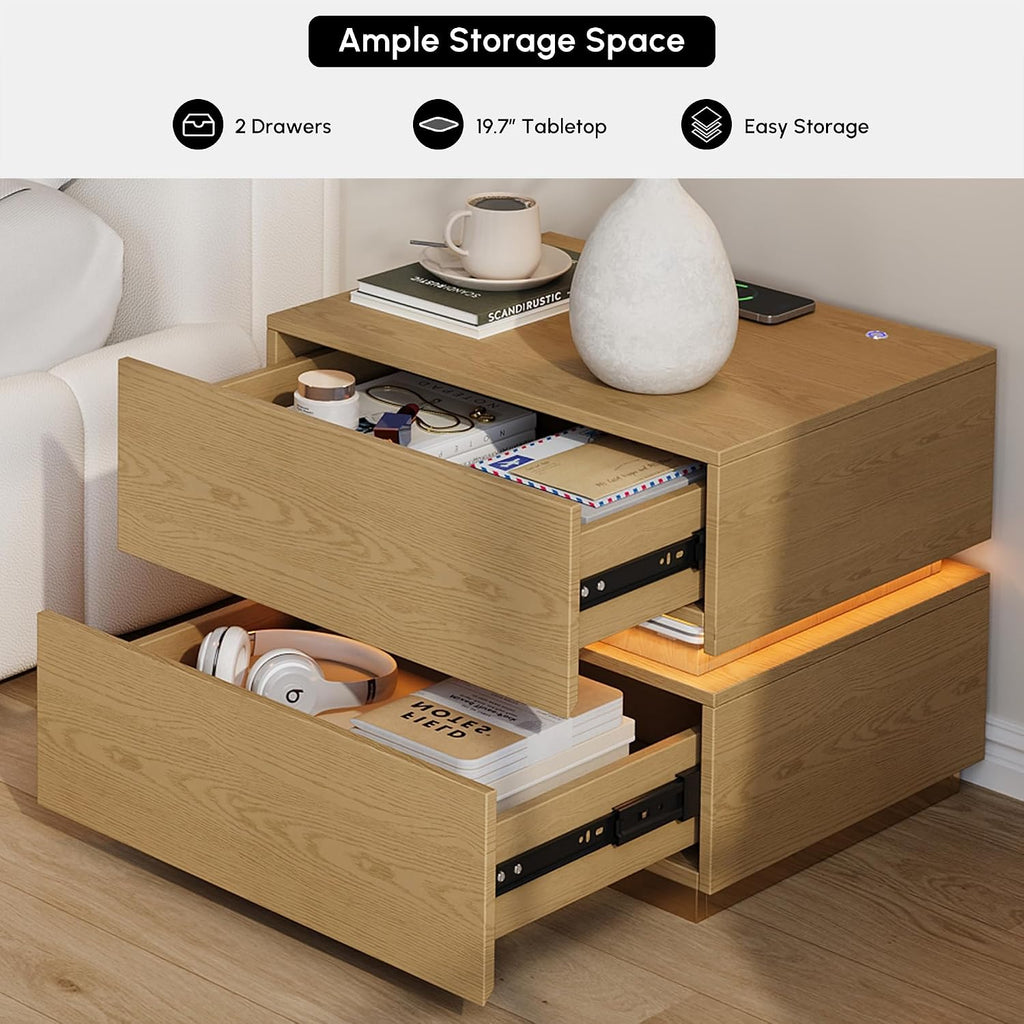 Smart Nightstand Set of 2 with Wireless Charging Station, USB & Type-C Ports, LED Light, 2 Drawers - Modern Natural