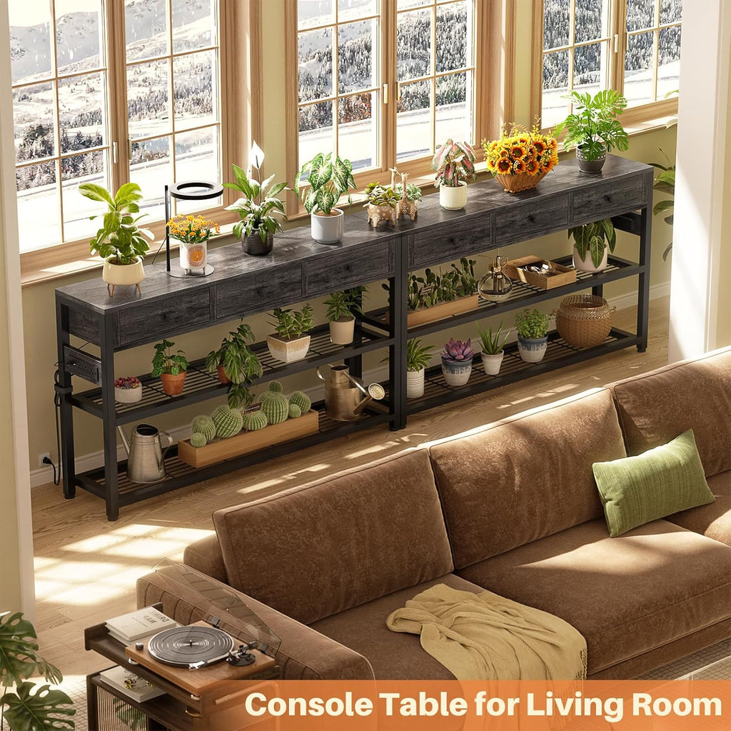 47'' Entryway Table with Outlets and USB Ports, Console Table with 3 Drawers, Sofa Table Narrow Long with Storage