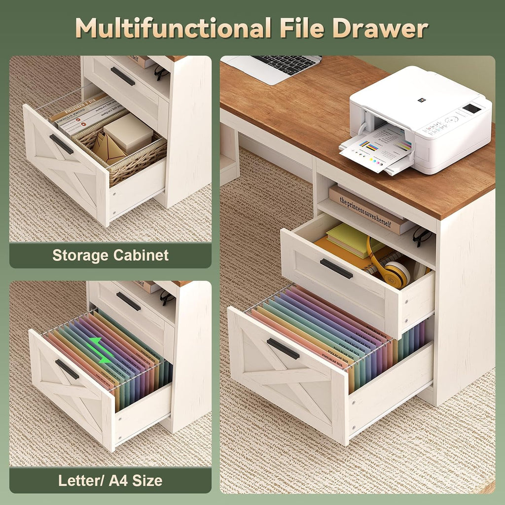 66 inch Farmhouse L Shaped Standing Desk with Storage | Corner Electric Standing Desk with Drawers & Storage Shelves