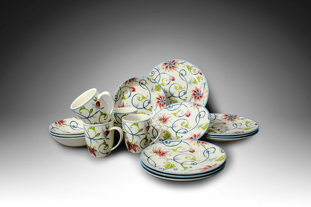 England 16-Piece Porcelain Dinnerware Set for 4, Botanical Green