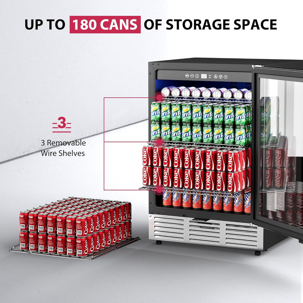 24 Inch Beverage Refrigerator, Beverage Cooler 180 Can Built-in Design