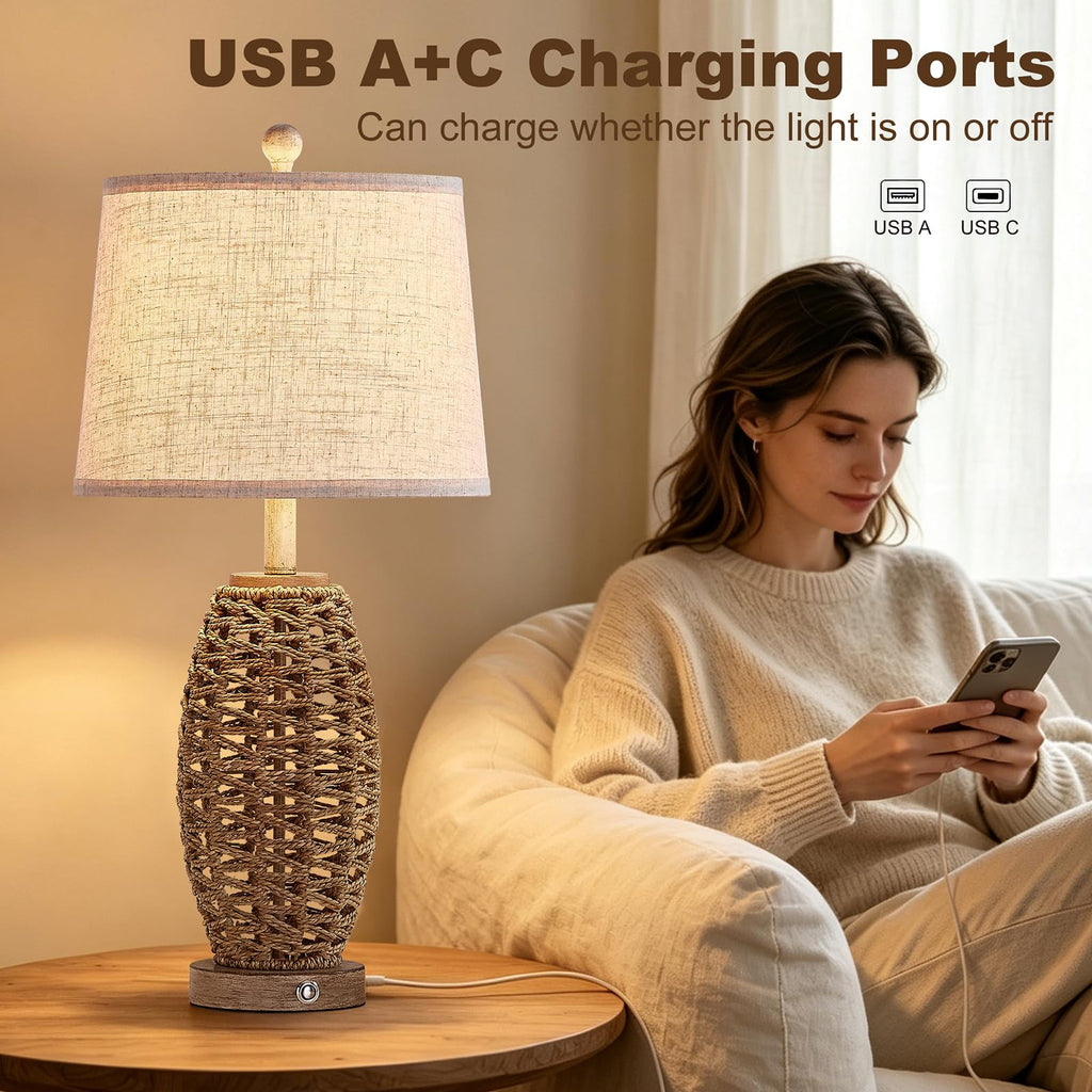 Rattan Table Lamp, Dimmable Touch Lamp for Bedside Table, Rustic Vintage Table Lamp with USB Ports, Farmhouse