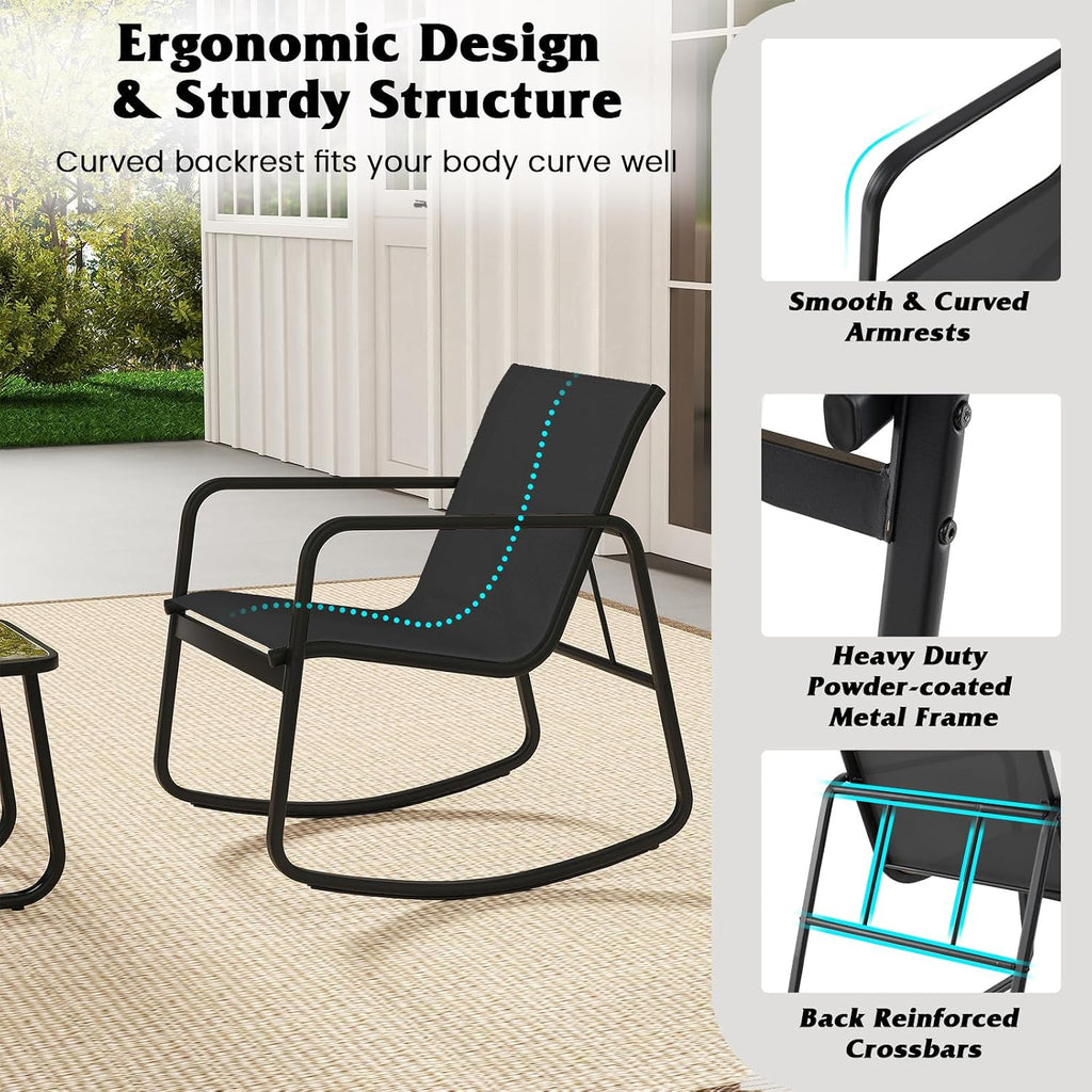 3 Piece Rocking Bistro Set, Patio Furniture Set with 2 Rocking Chairs & Glass-Top Coffee Table, Outdoor Rocker Chair