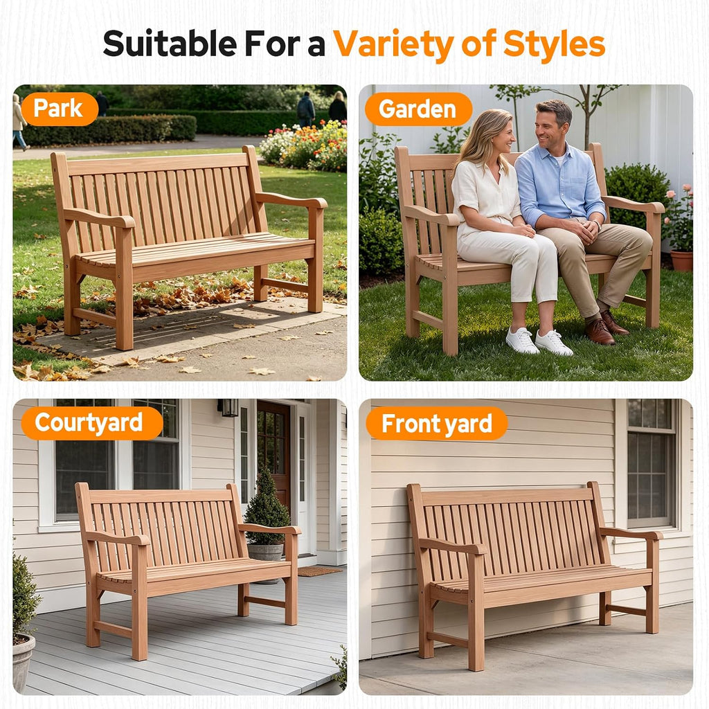 2-Person Outdoor Bench with 700 Lbs Weight Capacity, Teak | Poly Lumber Weatherproof Garden Bench Seating for Porch
