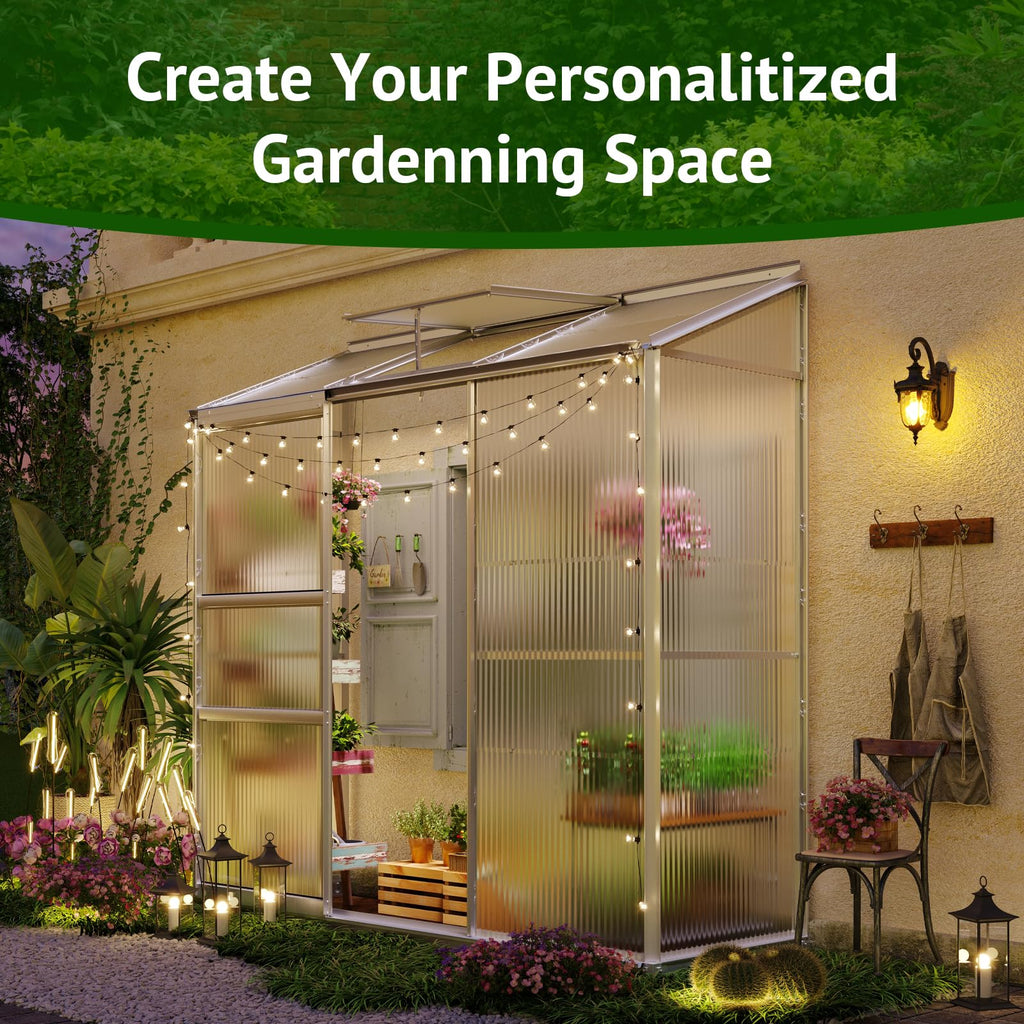 Lean-to Polycarbonate Greenhouse 6x2 FT, Sliver, Outdoor Garden