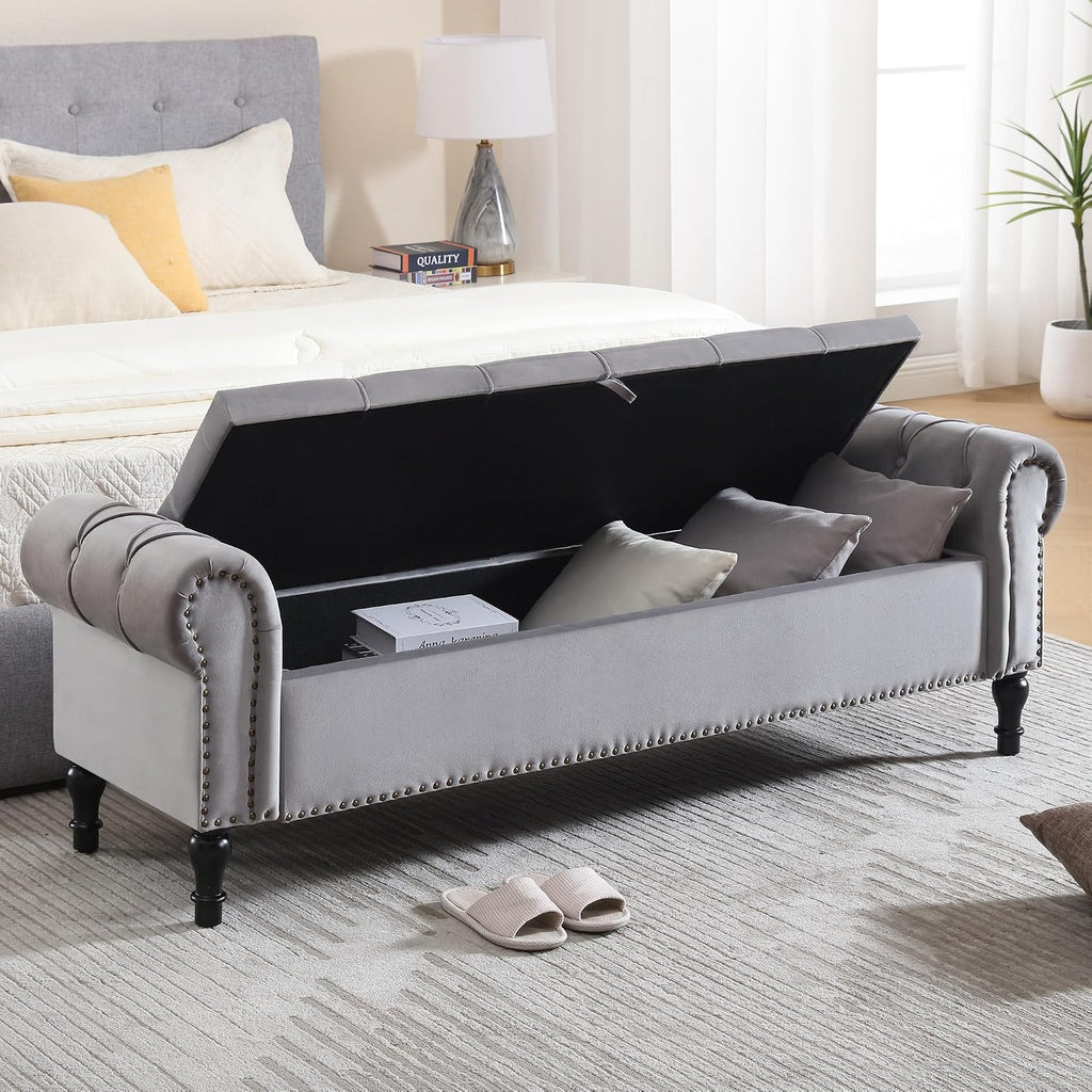 Velvet Storage Bench 67 Inch Upholstered Tufted Ottoman Bench with Arms King Size End of Bed Bench Living Room