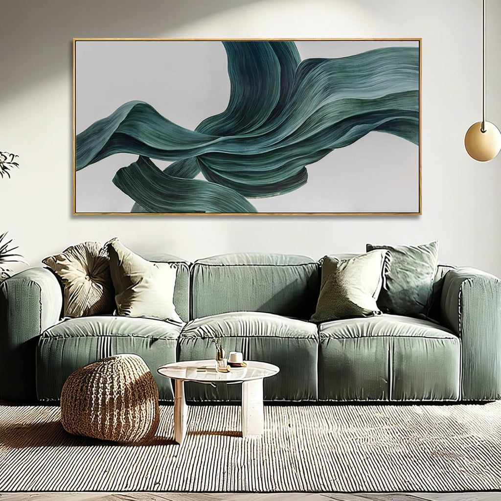 Green Abstract Canvas Wall Art, Large Framed Artwork with Wooden Frame, Pictures Wall Decor, Contemporary