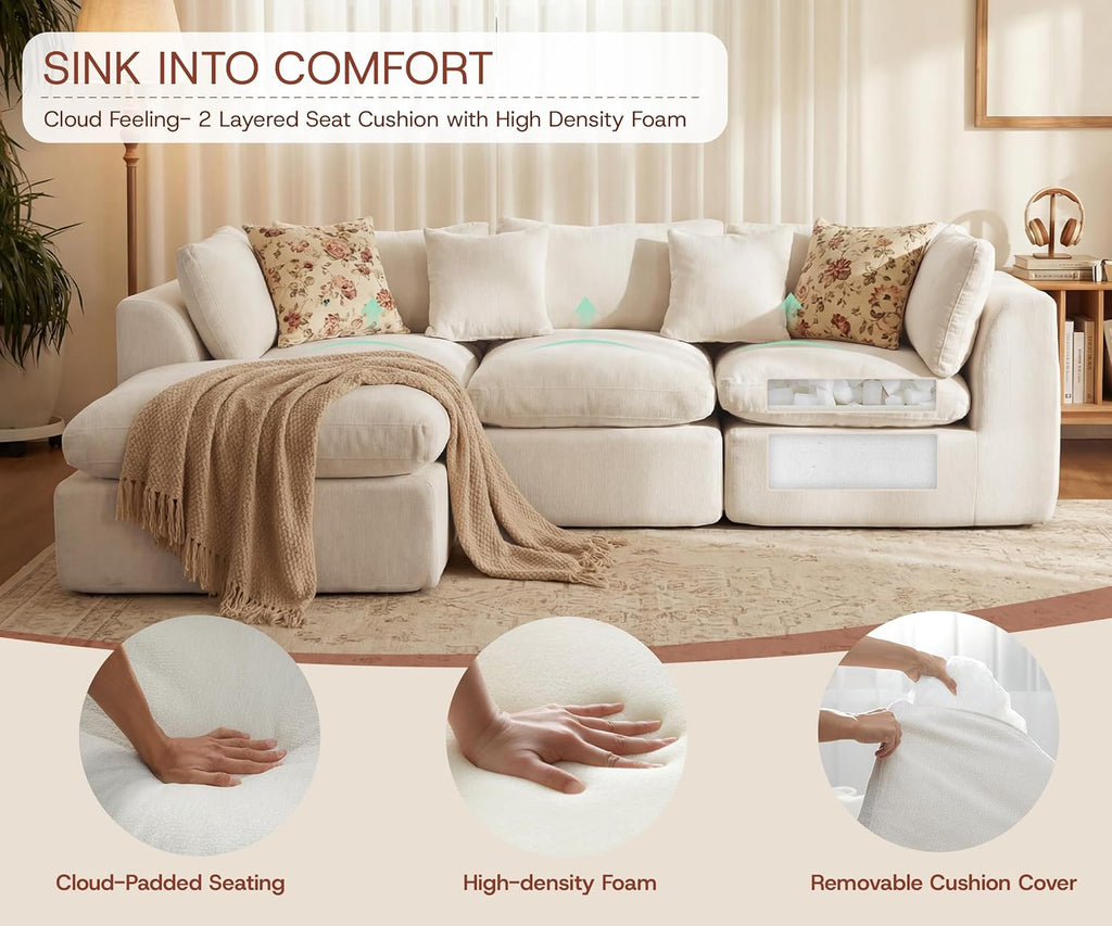 110'' Oversized Boneless Cloud Couch , Modern Big Sectional Compressed L Shape Couch with Ottoman, Comfy Chenille