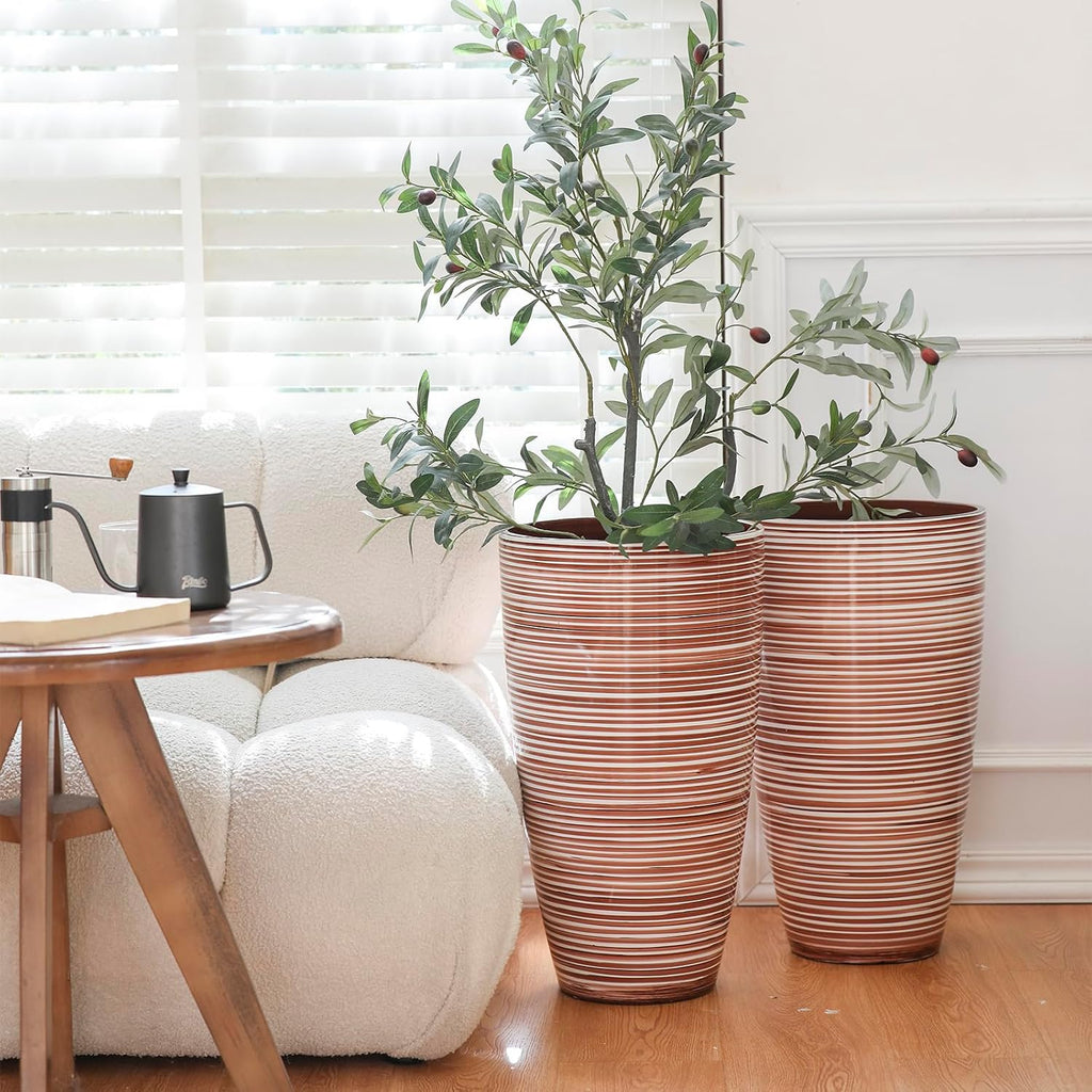 Tall Planters for Outdoor Plants 2Pack, 21-Inch Large Striped Planter with Removable Insert Shelf,Ribbed Coffee&Milk