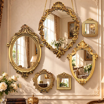6 Pcs Vintage Gold Wall Mirror Set, Baroque, Bronze Gold