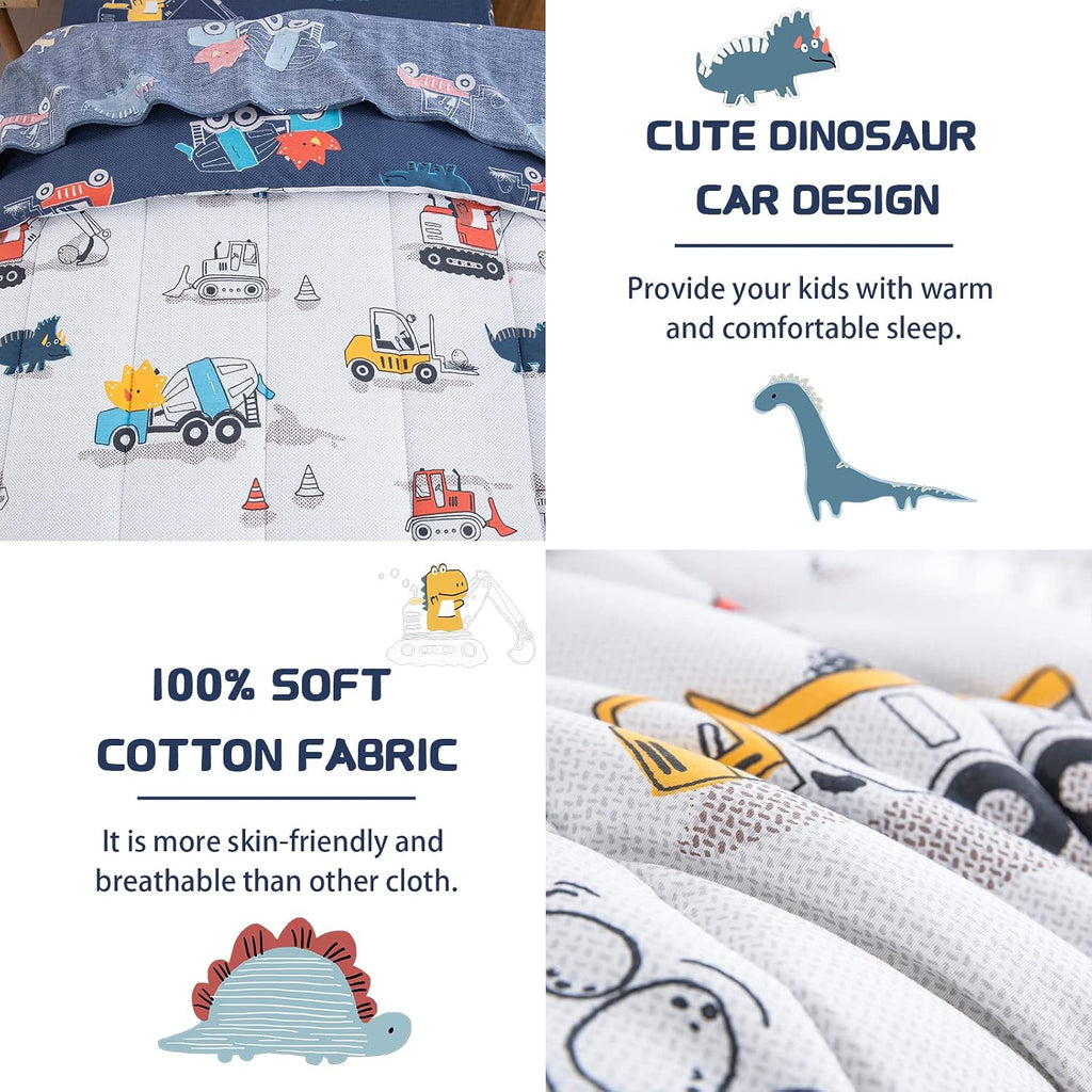 Cotton Twin Bedding Set, Dinosaur Cars Reversible Twin Comforter Set for Kids Boys Girls, 4 Pieces Bed in a Bag