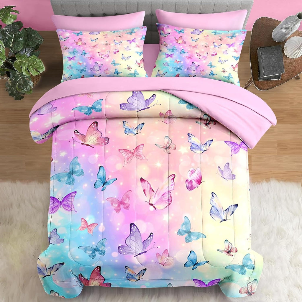 Comforter Set, Pink Blue Butterfly 5 Pcs Bedding for Kids and Adults, Colorful Rainbow Bed Sheet Sets