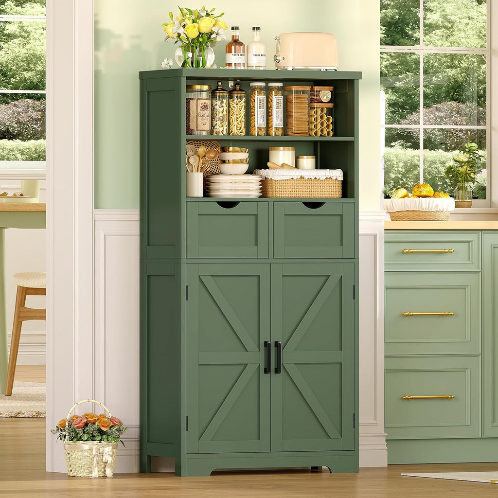 Bathroom Cabinet with Adjustable Shelf & 2 Drawers, Farmhouse Storage Cabinet with 2 Doors, Kitchen Storage Cabinets