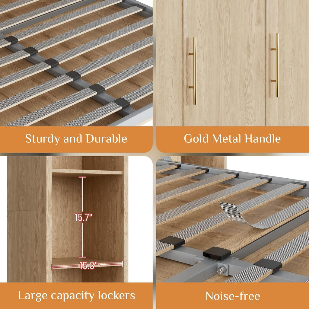Queen Murphy Bed with 2 Storage Cabinet, Farmhouse Wood Hidden Foldable Wall Bed Frame, Space Saving Beds with