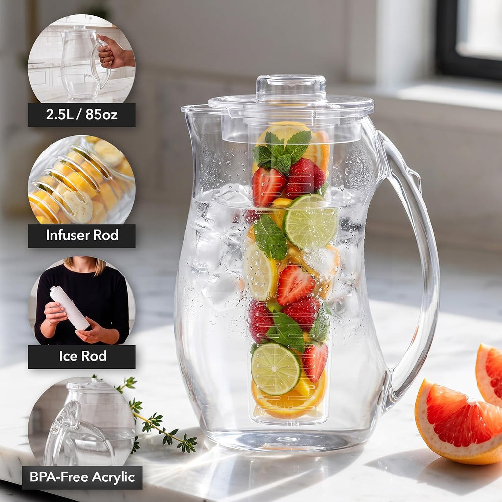 Fruit Infusion Water Pitcher 2.5L/85Oz with Removable Lid and Infuser Rod, BPA-Free, Shatterproof Acrylic Beverage