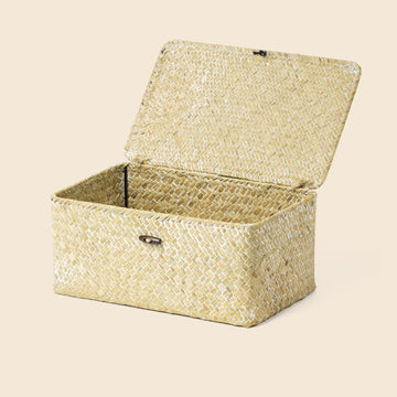 Medium Wicker Basket with Lid, Seagrass Shelf Storage Basket, White