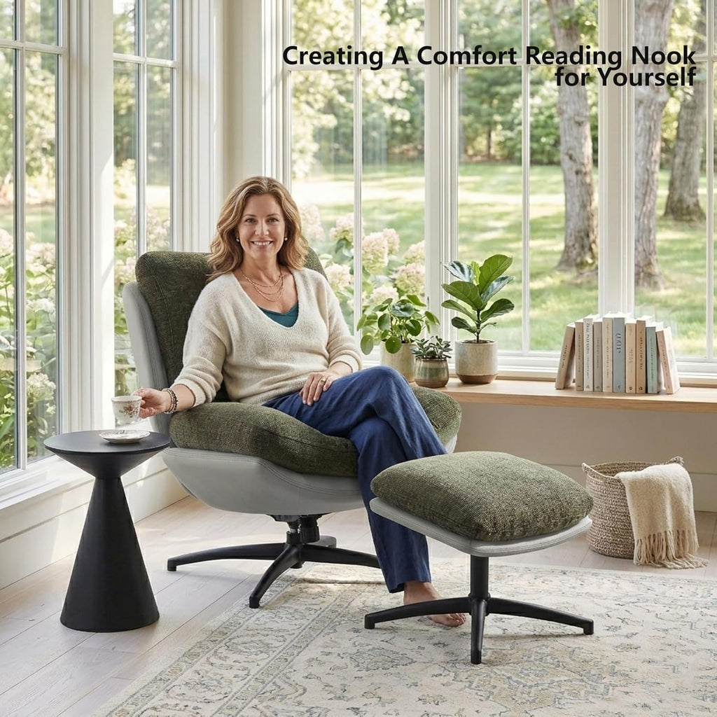Modern Reclining Swivel Lounge Chair and Ottoman — Green Chenille