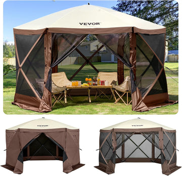 Camping Gazebo Screen Tent, 12x12ft, Brown/Beige | 6 Sided Pop-up Canopy, Mesh Windows, Portable Carry Bag & Stakes