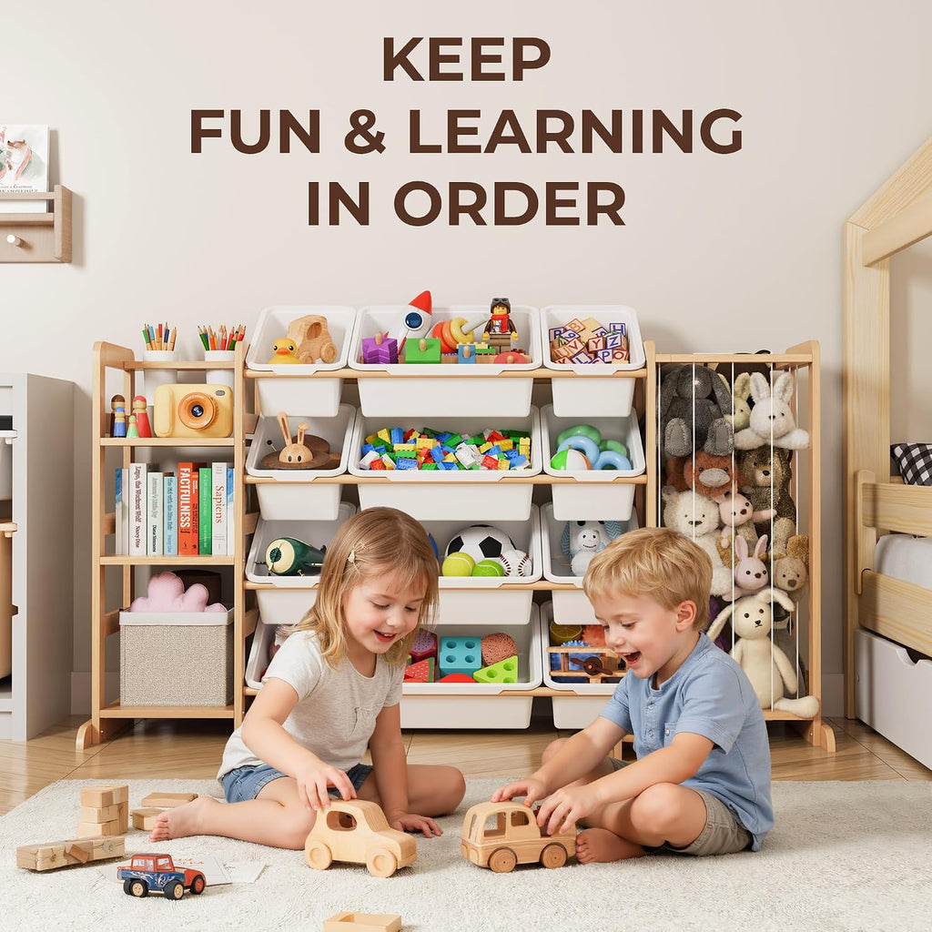 Toy Storage Organizer with Bookshelf and Stuffed Animal Storage - Kids Playroom Organization with Shelves and 12 Toy