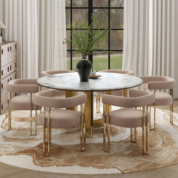 Velvet Dining Chairs Set of 6, Khaki Upholstered Barrel Armchairs with Gold Metal Legs Island, Mid Century Modern