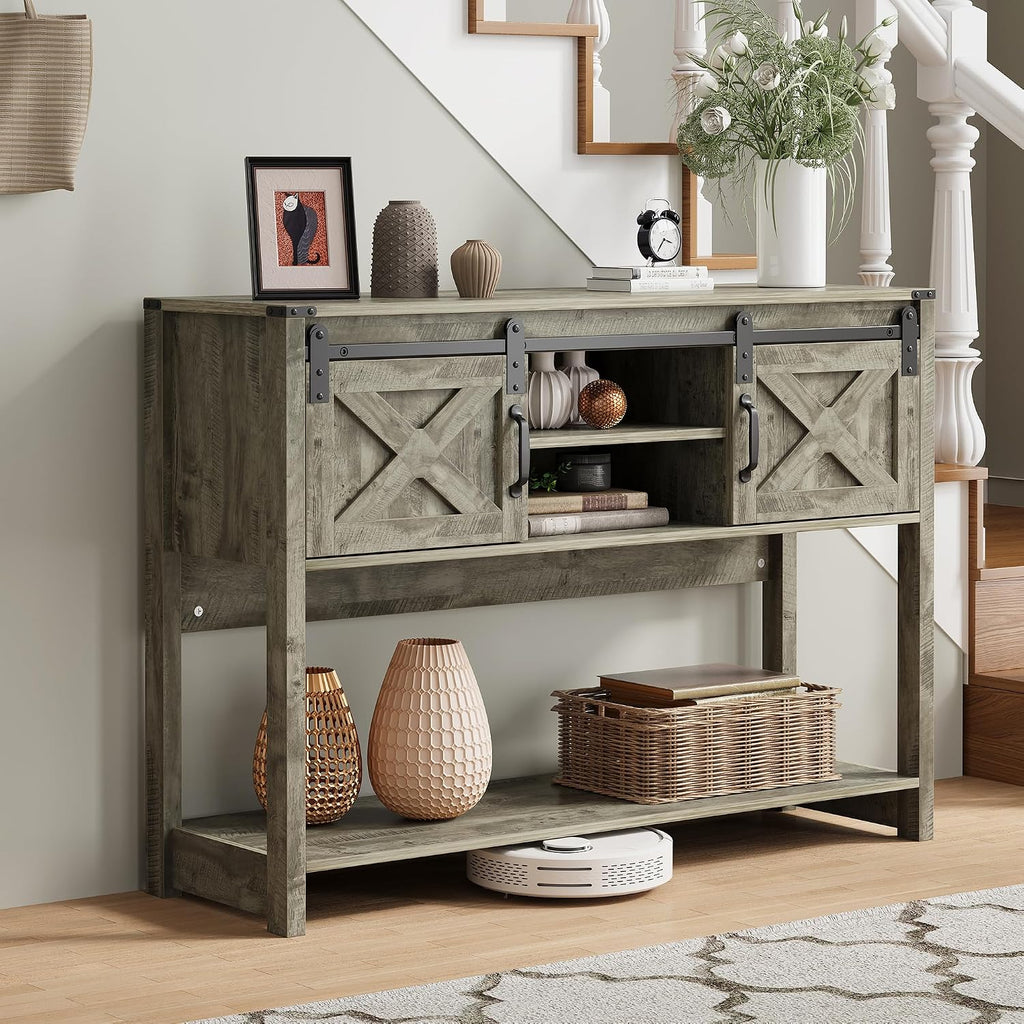 Console Table with Storage Shelf & Sliding Barn Door, Farmhouse Entryway Table with Storage, 46" Narrow Long Sofa