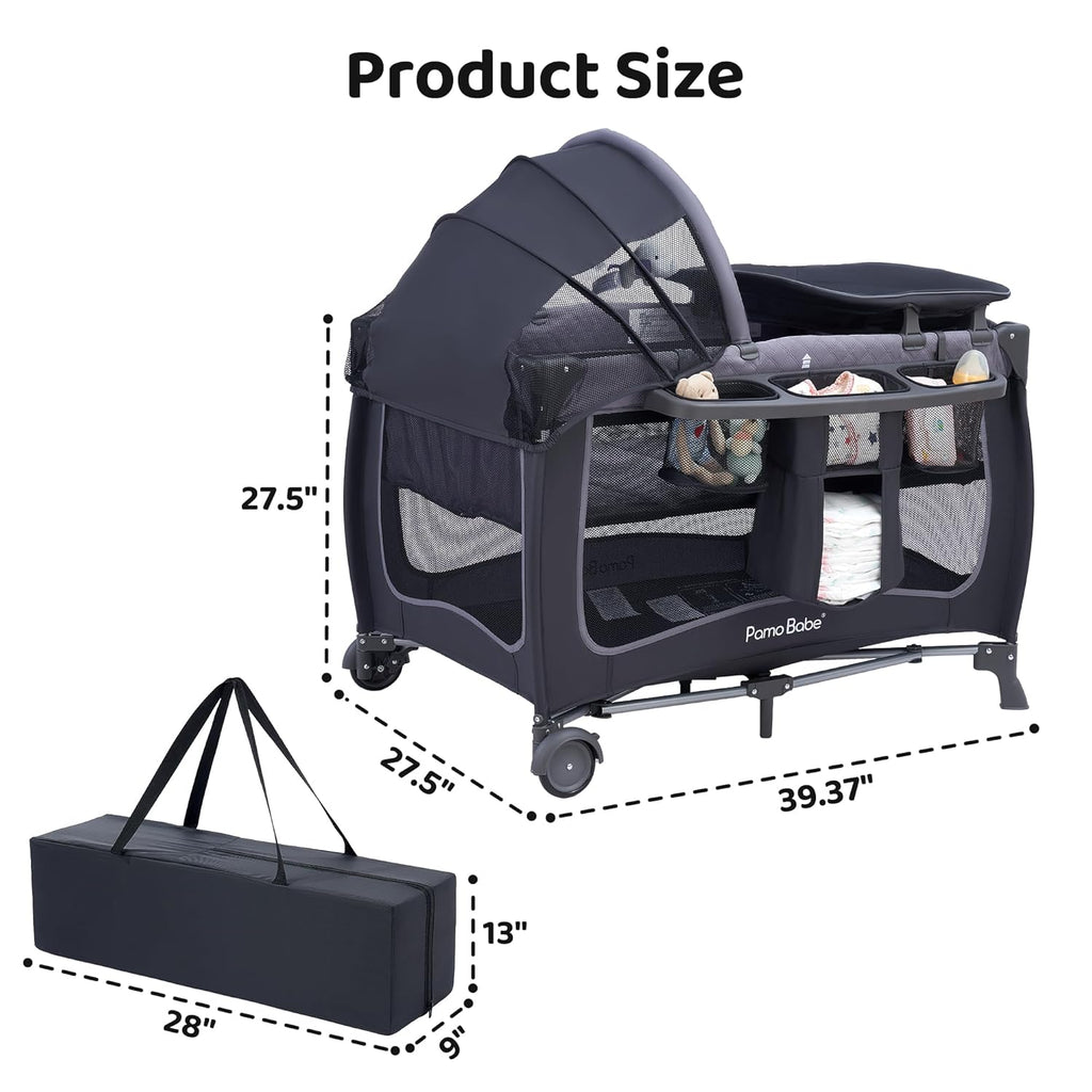 Playard with Canopy, Portable Crib with Changing Table