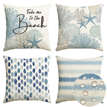 Take Me to The Beach Summer Outdoor Waterproof Throw Pillow Covers, 18 x 18 Inch Blue Ocean Starfish Holiday